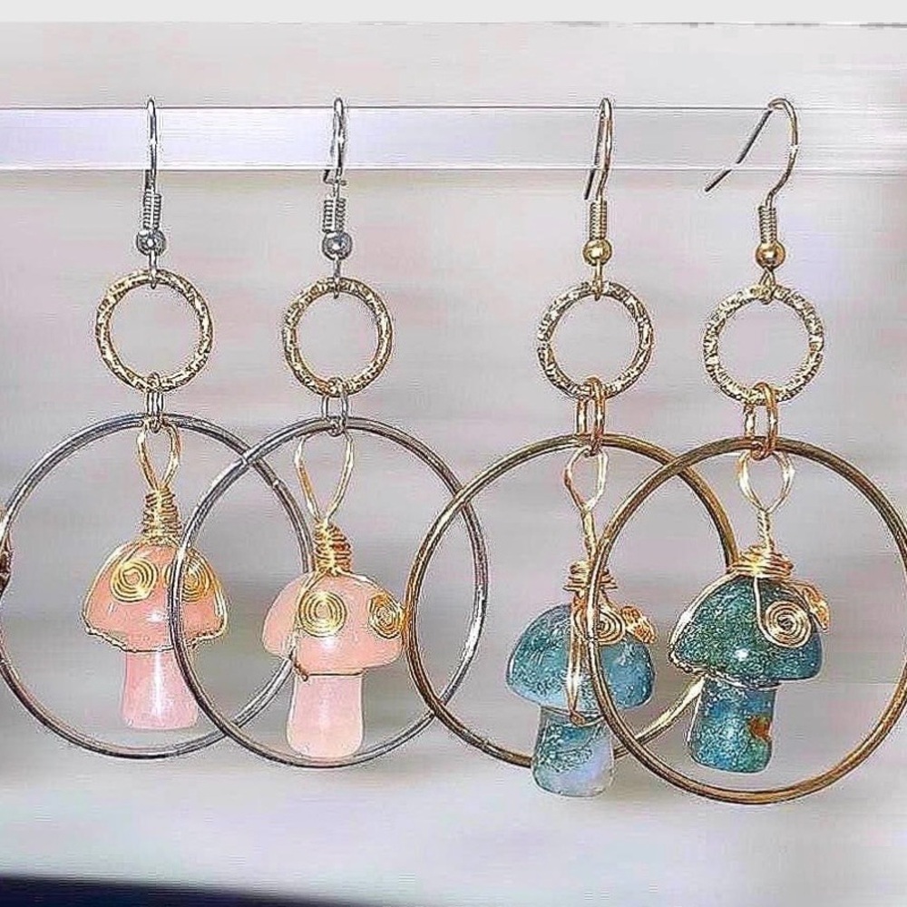Gold and Silver Dangle Hoop Earrings With Rose Quartz and Agate Mushrooms